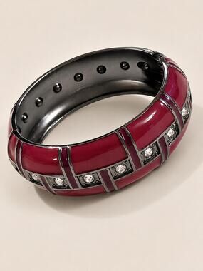 Vintage Red Enamel Hinged Clamper Bangle Bracelet Chunky Rhinestone Statement